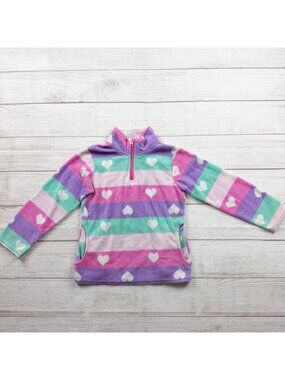 Btween Girls Fleece Pullover Heart Print Striped Half Zip Top Multicolor 6